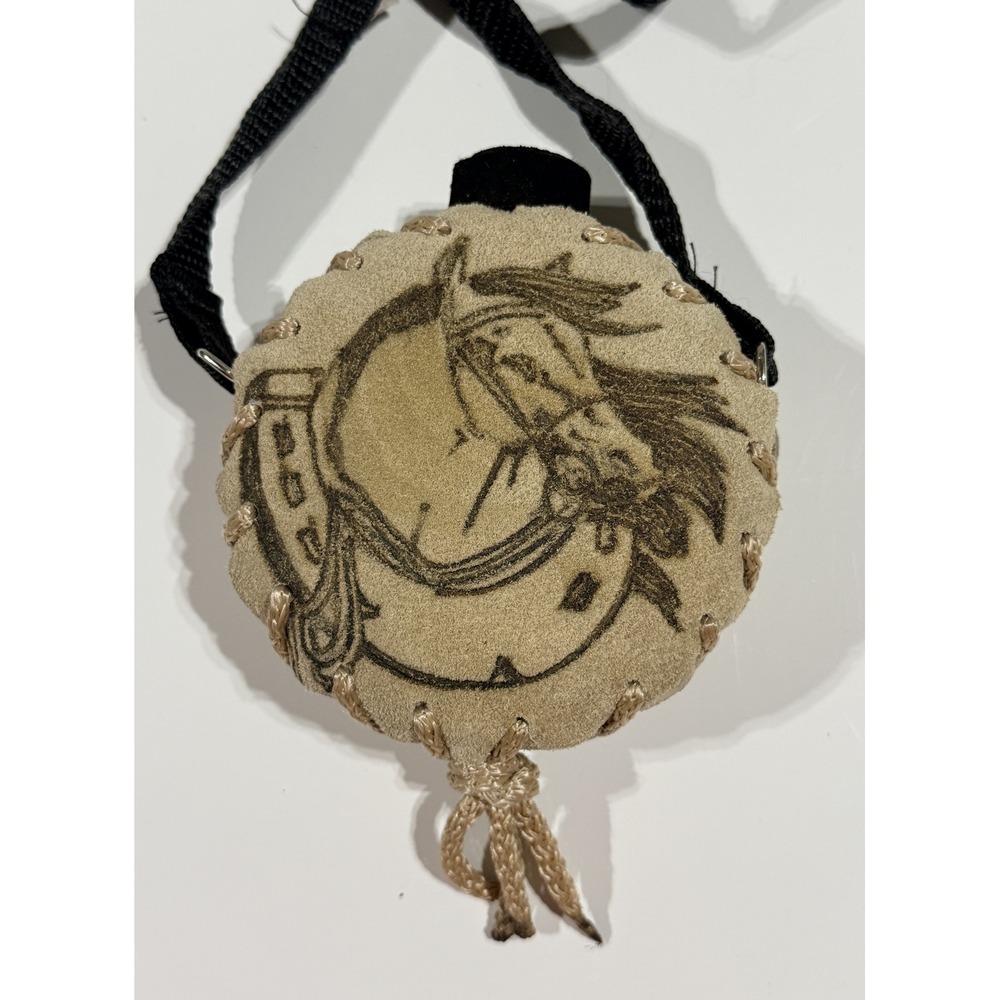 Mini Suede Horse Horseshoe Western Canteen Flask Shoulder Strap Made Mexico - 4"